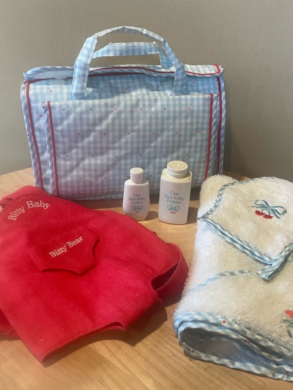 Bitty Baby diaper bag, towel, mitt, carrier, etc